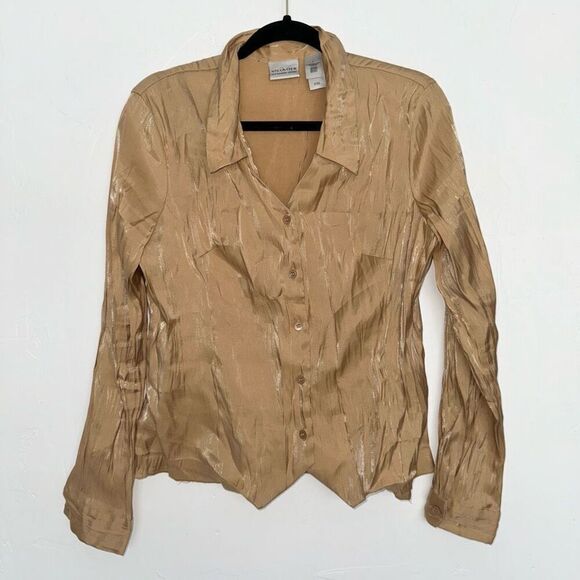 Vintage Liz Claiborne Villager Long Sleeve Collared Champagne Shimmer Button Up - Picture 1 of 7